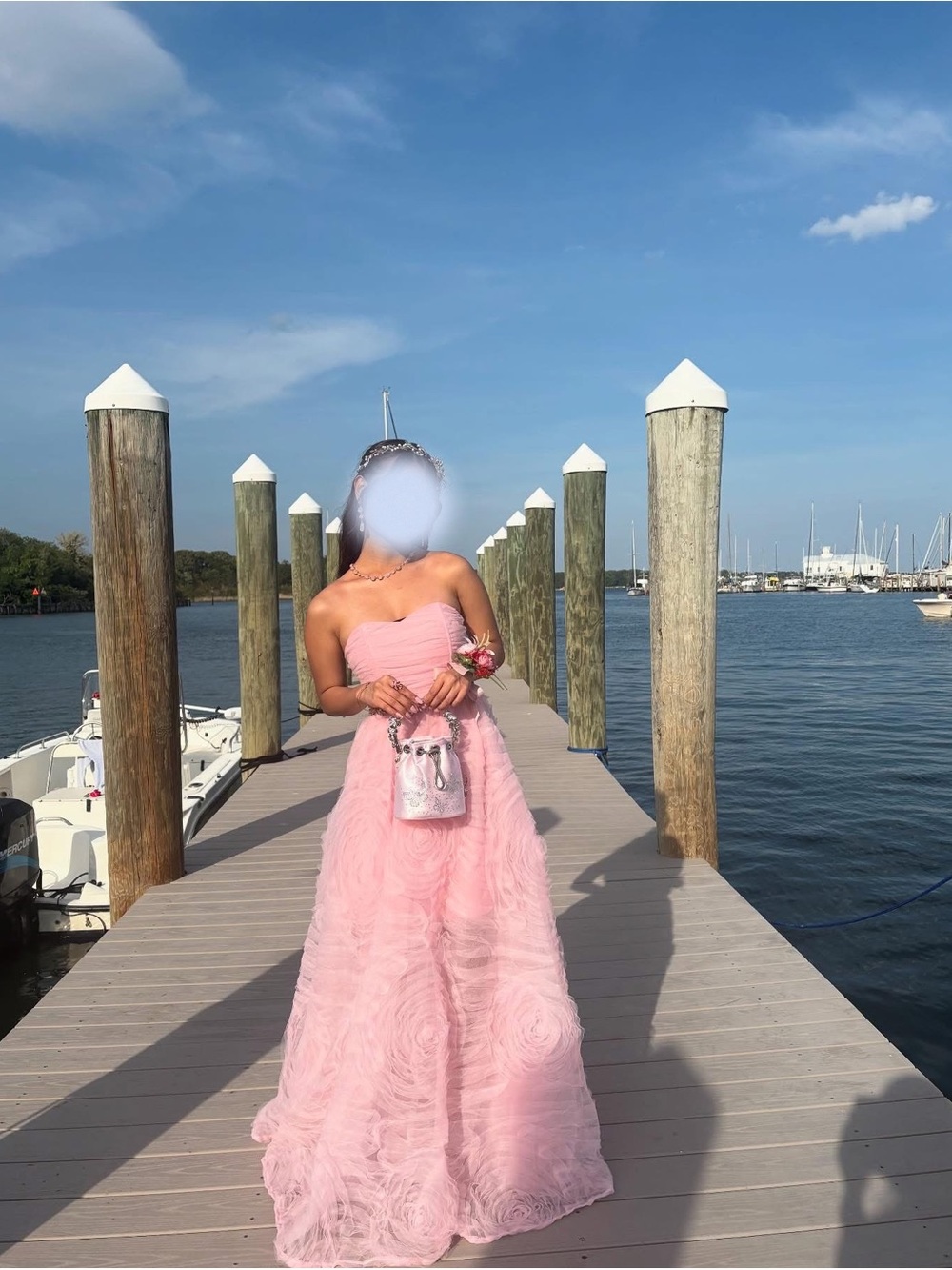 Strapless Pink Rosette Ball Gown Dress